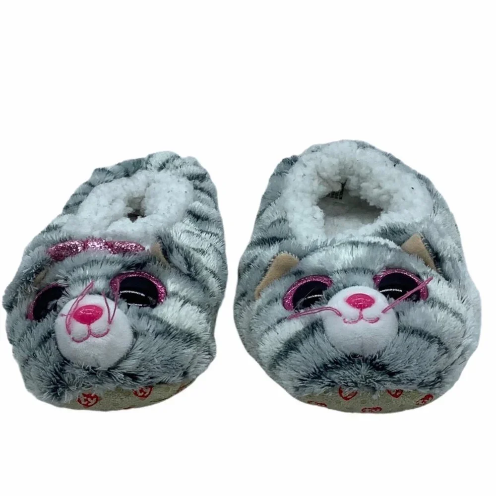 Ty Beanie Boos Kiki the Cat Grey Striped Plush Slippers Kids Size Medium 1-3